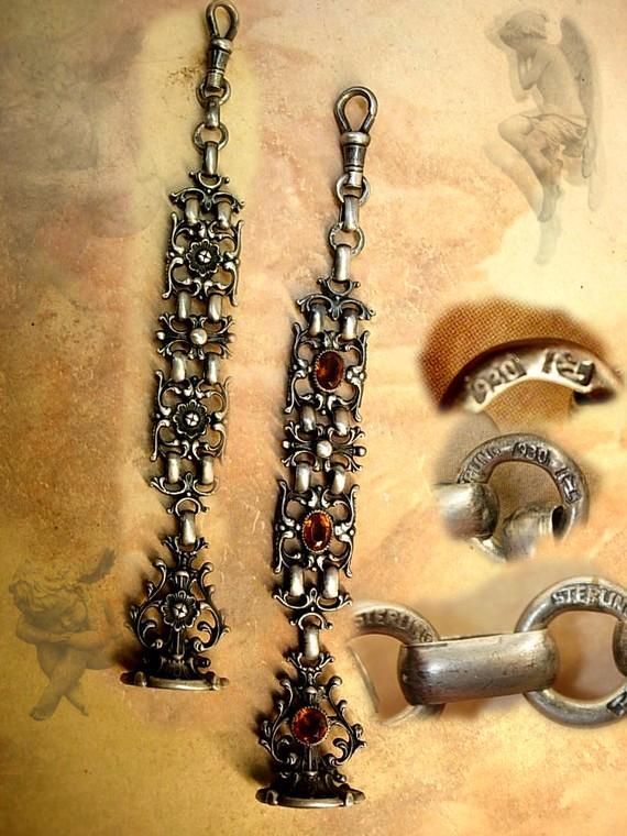 Antique sterling fob watch chain Hallmarked and loaded with detail