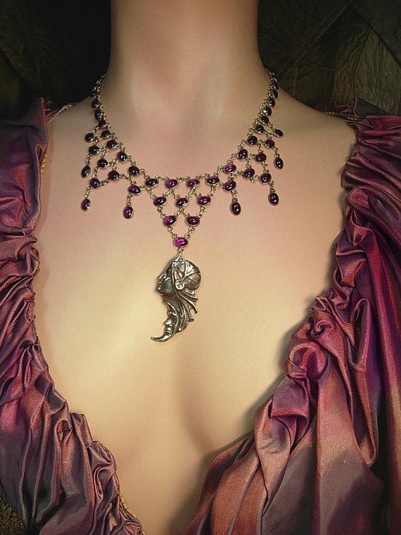 Vintage Sterling Goddess necklace 40ct amethyst art deco moon and stars pendant