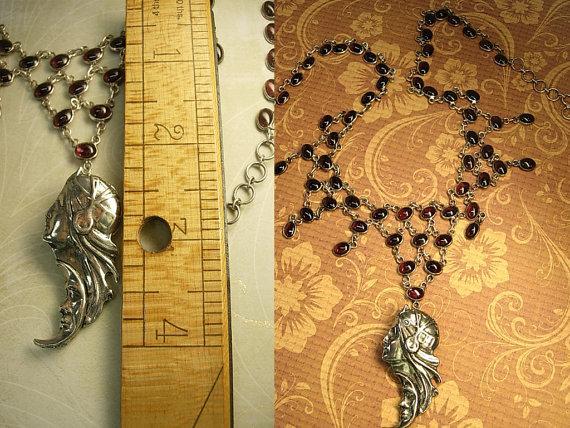 Vintage Sterling Goddess necklace 40ct amethyst art deco moon and stars pendant