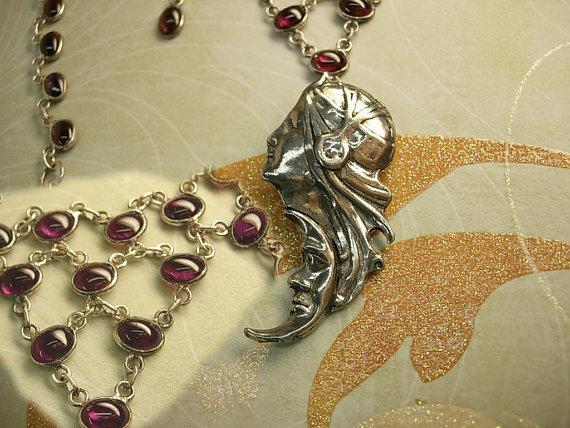Vintage Sterling Goddess necklace 40ct amethyst art deco moon and stars pendant
