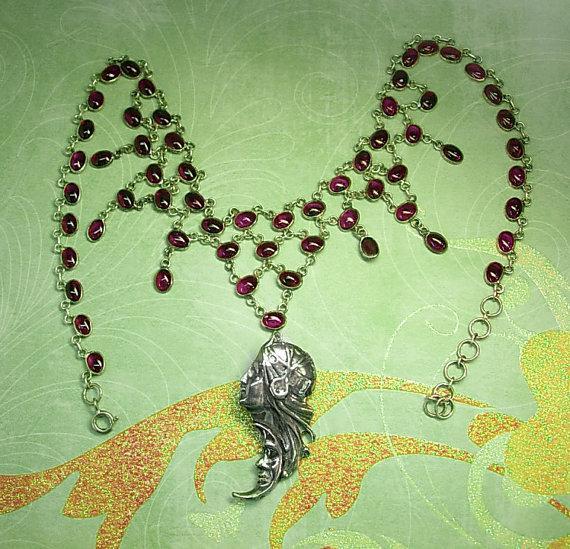 Vintage Sterling Goddess necklace 40ct amethyst art deco moon and stars pendant