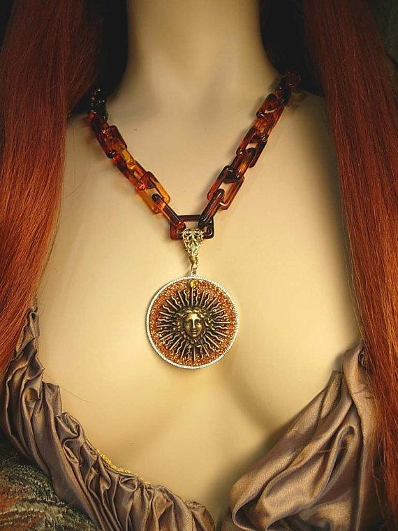 Goddess Medusa necklace Large Faux tortoise links Huge sparkling mythical Pendant