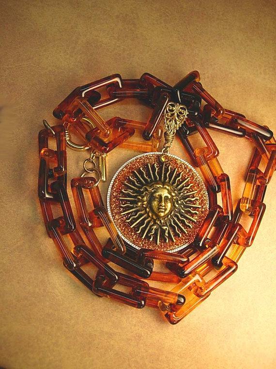 Goddess Medusa necklace Large Faux tortoise links Huge sparkling mythical Pendant