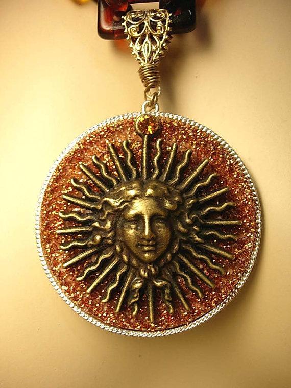 Goddess Medusa necklace Large Faux tortoise links Huge sparkling mythical Pendant