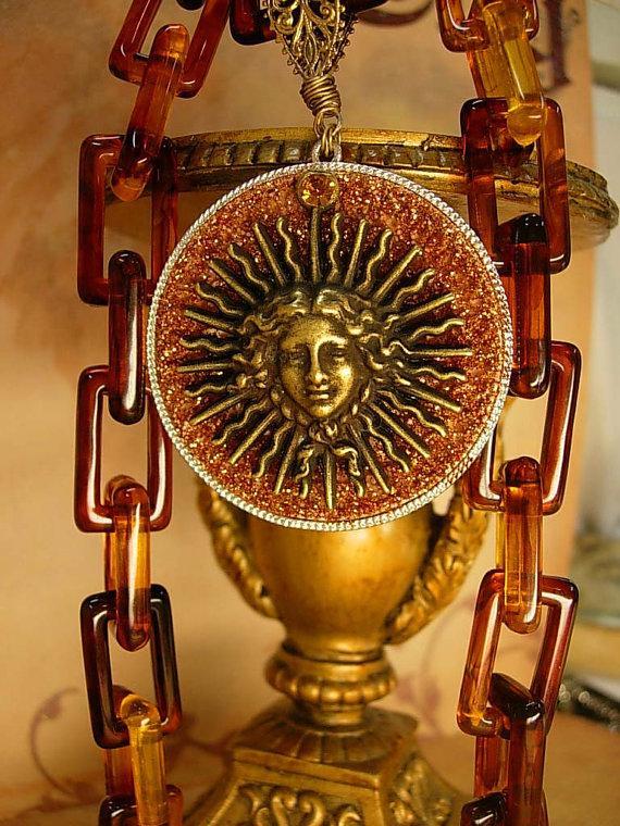 Goddess Medusa necklace Large Faux tortoise links Huge sparkling mythical Pendant