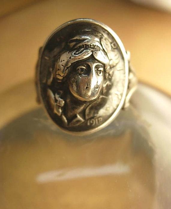 ANtique Coin ring 1918 Silver Mercury dime Victorian memento Mucha goddess