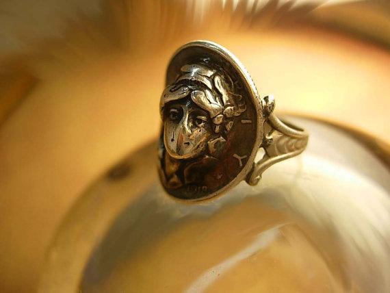 ANtique Coin ring 1918 Silver Mercury dime Victorian memento Mucha goddess