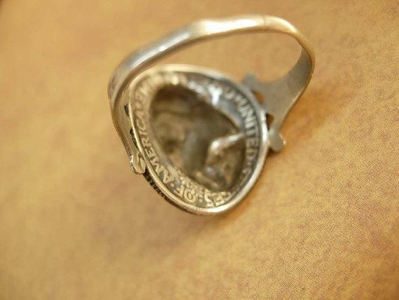 ANtique Coin ring 1918 Silver Mercury dime Victorian memento Mucha goddess