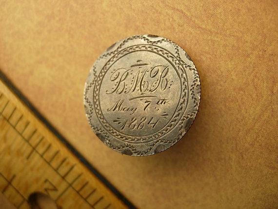 1884 Love Token brooch Victorian Quarter Dollar silver memento brooch