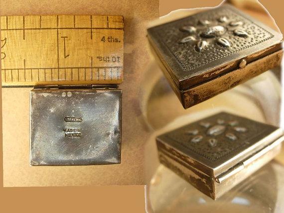 Antique sterling Stamp Box Arts and crafts repousse Hallmarked Sterling Mexico