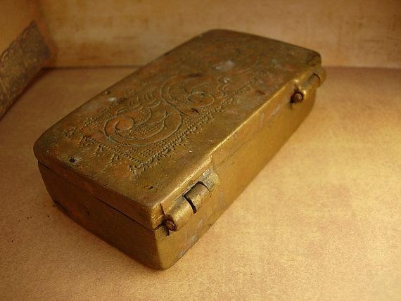 Antique Primitive mixed metal coffin shaped box unusual workmanship