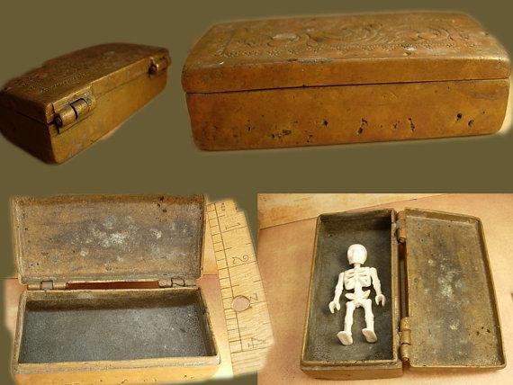 Antique Primitive mixed metal coffin shaped box unusual workmanship