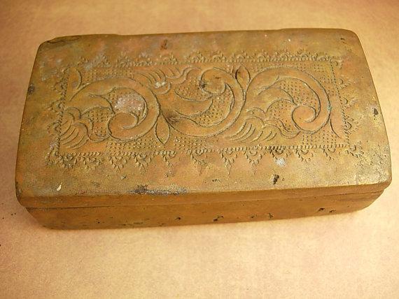 Antique Primitive mixed metal coffin shaped box unusual workmanship