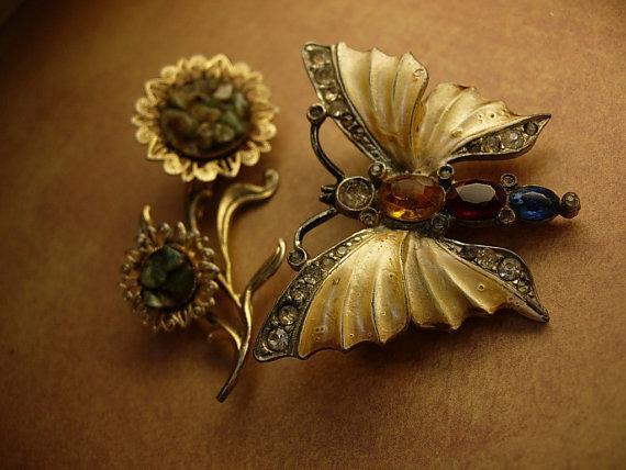 Vintage brooches enamel rhinestone butterfly jade flower brooch