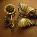 Vintage brooches enamel rhinestone butterfly jade flower brooch
