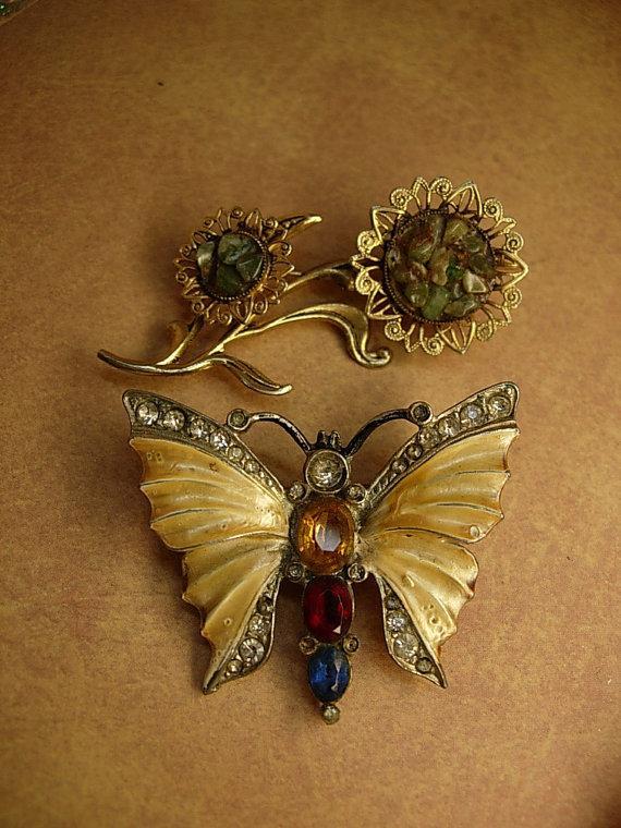 Vintage brooches enamel rhinestone butterfly jade flower brooch