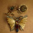 Vintage brooches enamel rhinestone butterfly jade flower brooch