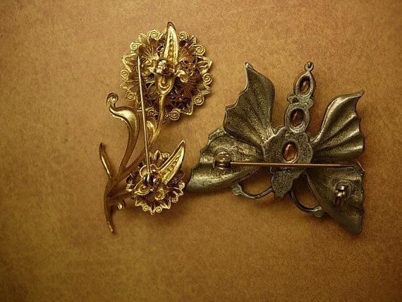 Vintage brooches enamel rhinestone butterfly jade flower brooch