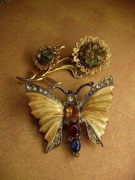 Vintage brooches enamel rhinestone butterfly jade flower brooch