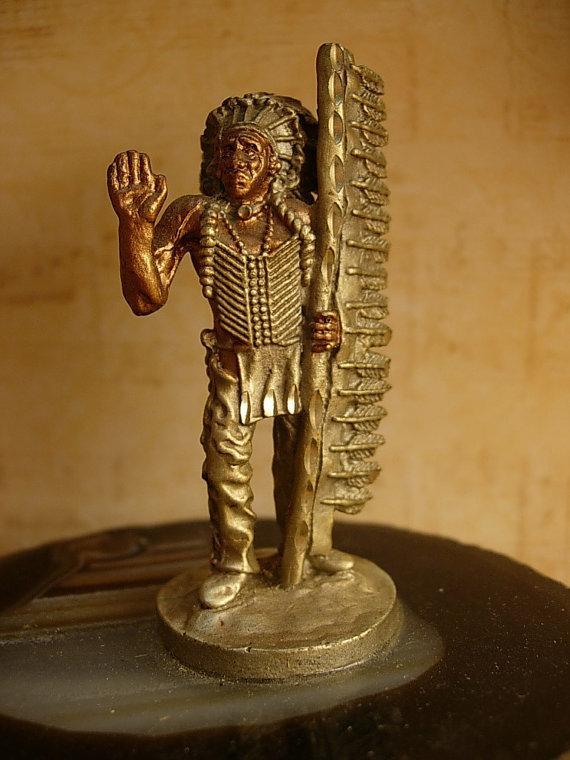 1920's signed American Indian sculpture on Agate sliced geode Chief Indian Badland Tourist piece