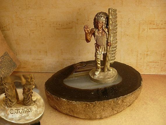 1920's signed American Indian sculpture on Agate sliced geode Chief Indian Badland Tourist piece