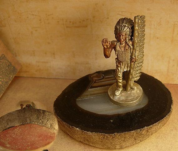 1920's signed American Indian sculpture on Agate sliced geode Chief Indian Badland Tourist piece