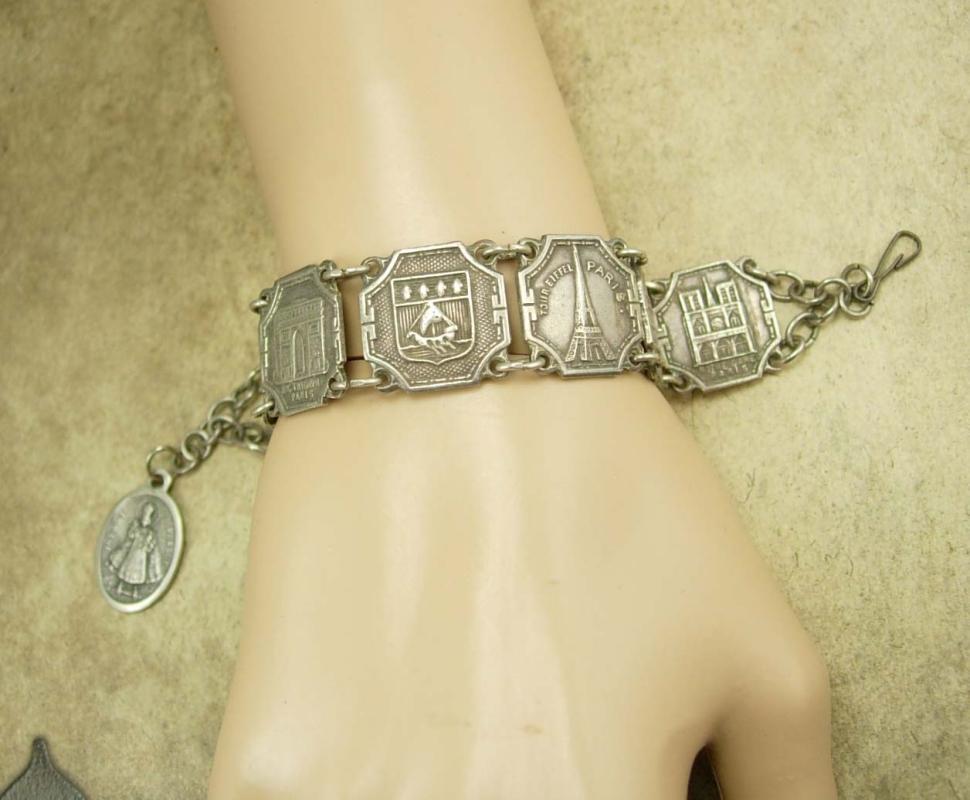 Vintage French Paris Fob tourist Bracelet France deco Infant of Prague religious fob