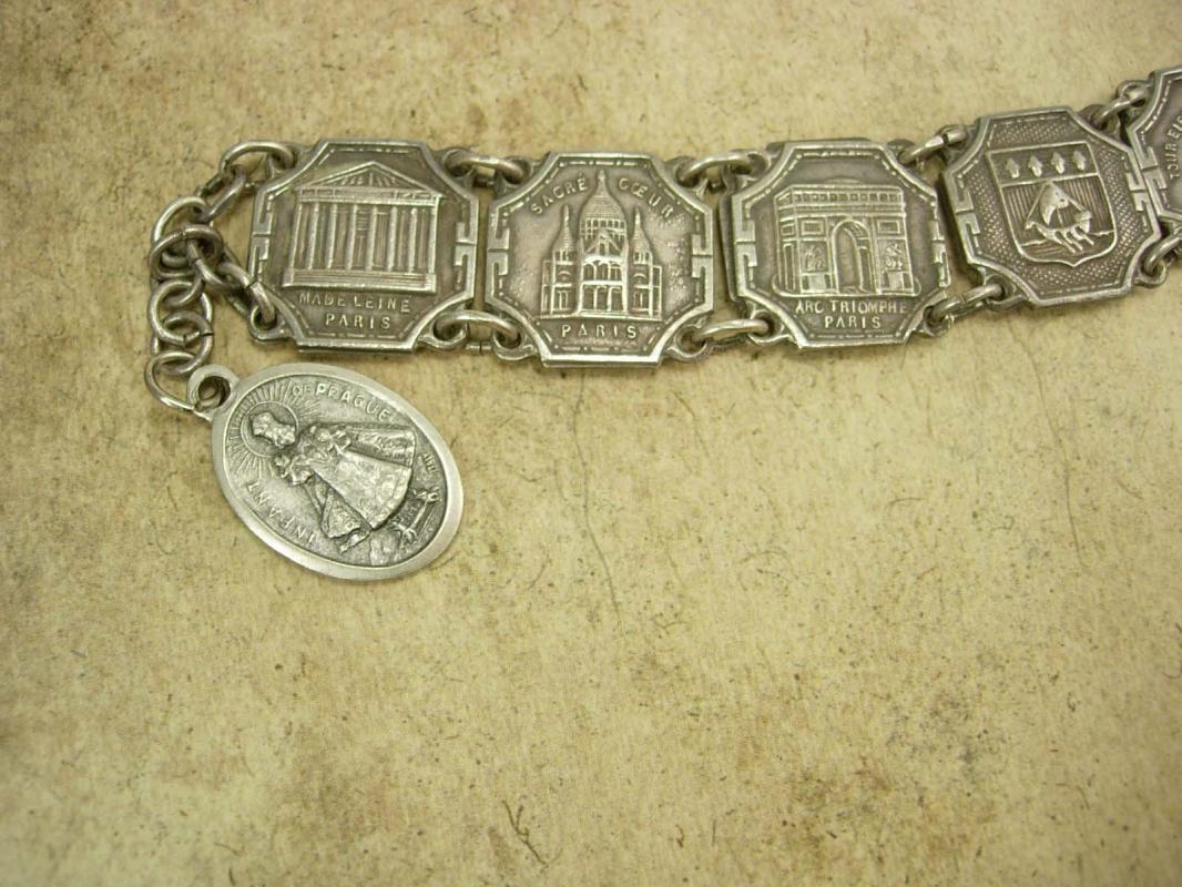 Vintage French Paris Fob tourist Bracelet France deco Infant of Prague religious fob