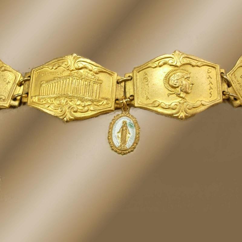 Vintage Greek Medieval Religious Fob bracelet Gilt Tourist bracelet