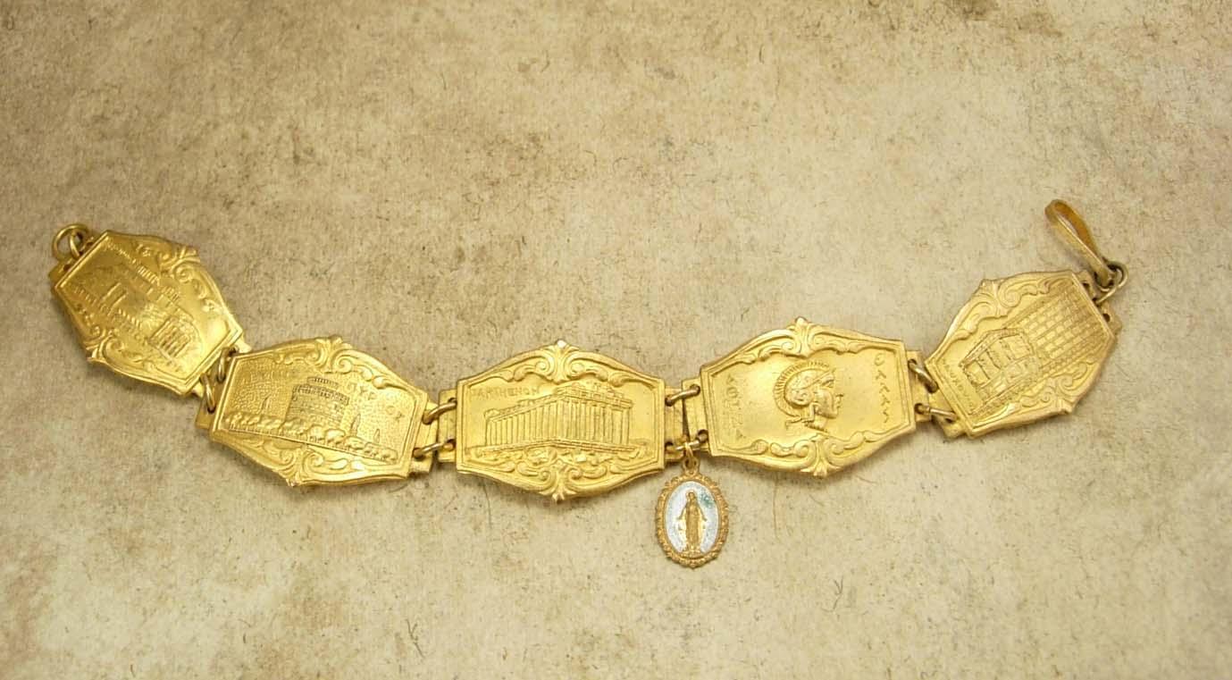 Vintage Greek Medieval Religious Fob bracelet Gilt Tourist bracelet