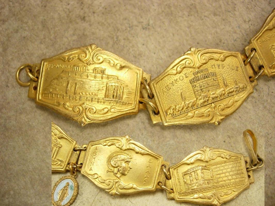 Vintage Greek Medieval Religious Fob bracelet Gilt Tourist bracelet