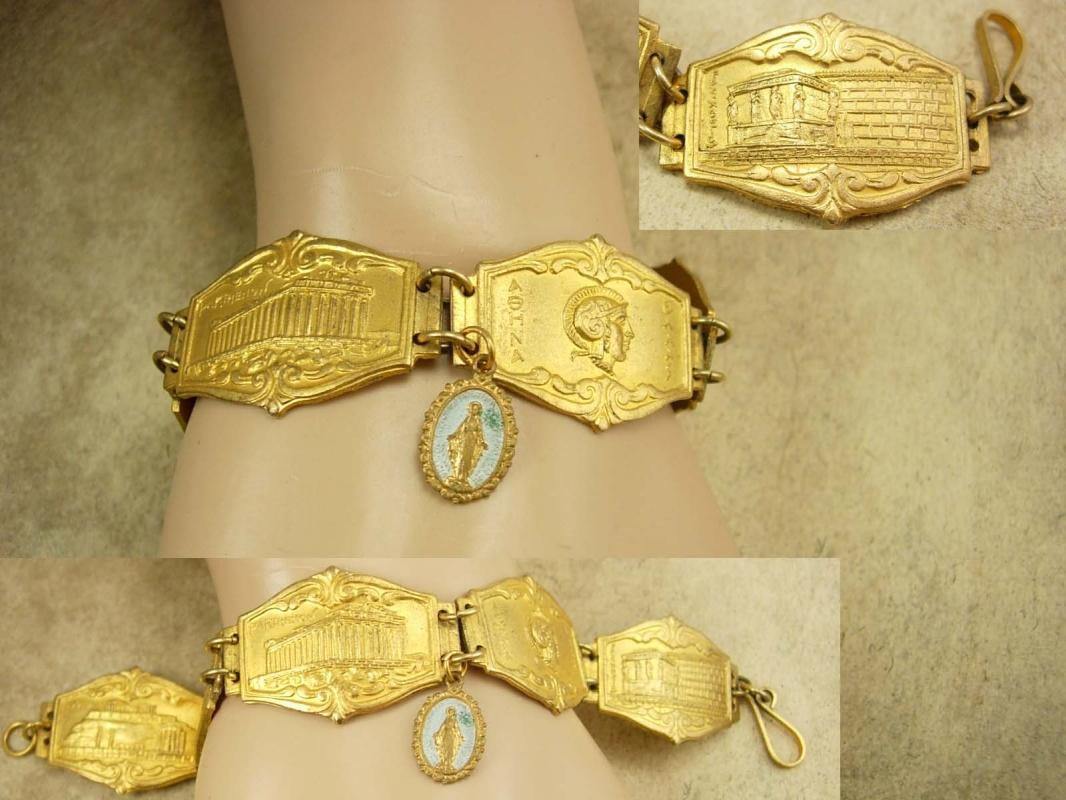 Vintage Greek Medieval Religious Fob bracelet Gilt Tourist bracelet