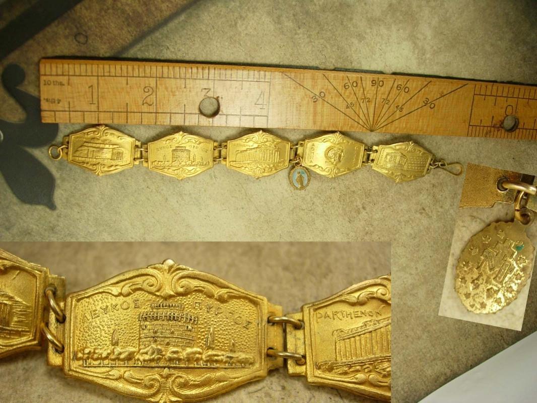 Vintage Greek Medieval Religious Fob bracelet Gilt Tourist bracelet