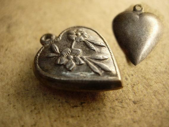 Antique Victorian sterling puffy Heart charm with raised flowers sweetheart charm for valentines day