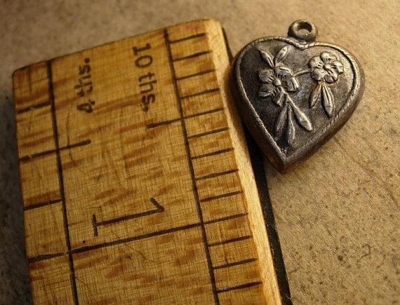 Antique Victorian sterling puffy Heart charm with raised flowers sweetheart charm for valentines day