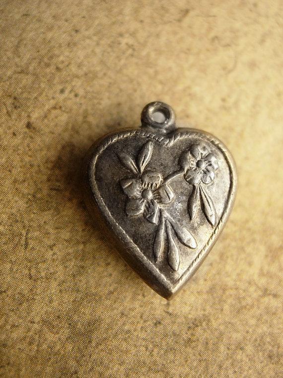 Antique Victorian sterling puffy Heart charm with raised flowers sweetheart charm for valentines day