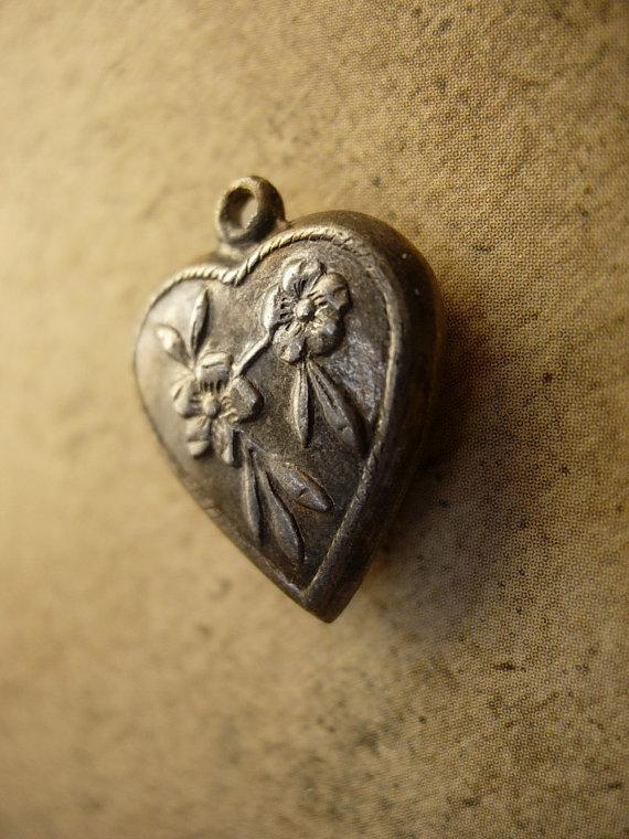 Antique Victorian sterling puffy Heart charm with raised flowers sweetheart charm for valentines day