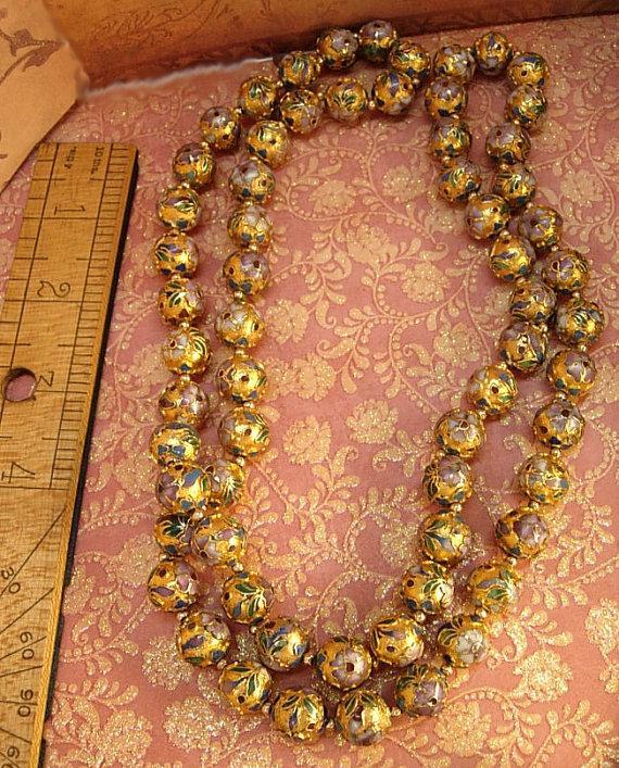 Huge vintage chinese necklace champleve heavy enamel beads over 35 inches long