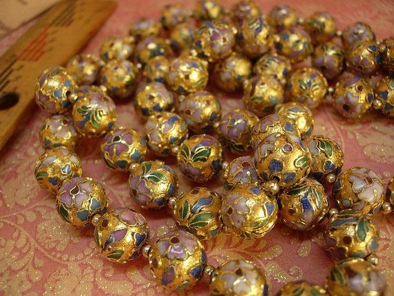Huge vintage chinese necklace champleve heavy enamel beads over 35 inches long