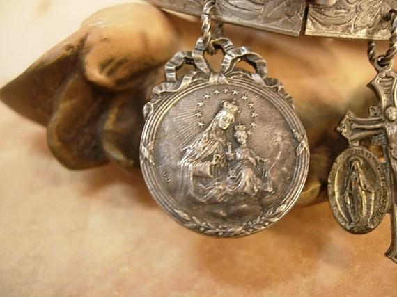Victorian Religious Charm Bracelet bangle french Ave Maria sacred heart medals