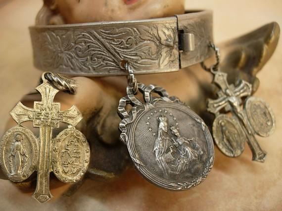 Victorian Religious Charm Bracelet bangle french Ave Maria sacred heart medals