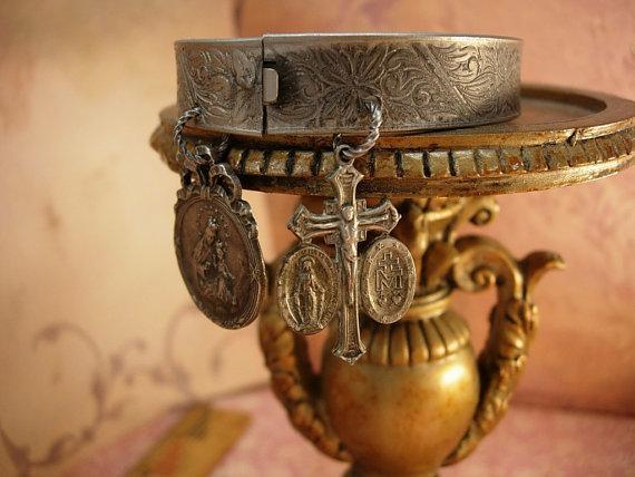 Victorian Religious Charm Bracelet bangle french Ave Maria sacred heart medals