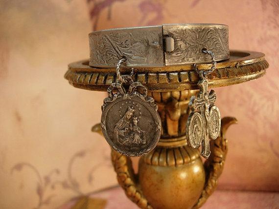 Victorian Religious Charm Bracelet bangle french Ave Maria sacred heart medals