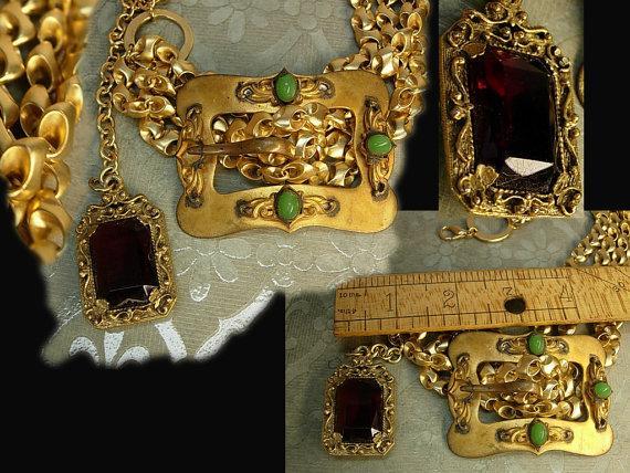 Victorian Sash Pin Buckle necklace Red jeweled fob costume jewelry OOAK green chrysoprase