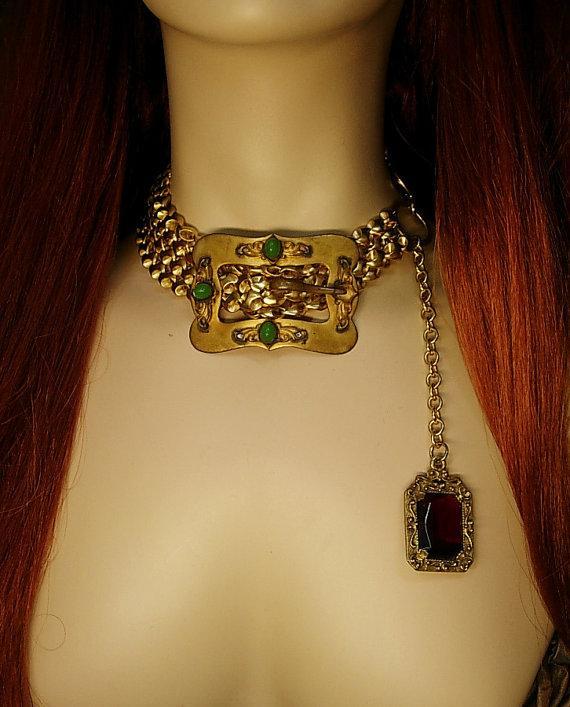 Victorian Sash Pin Buckle necklace Red jeweled fob costume jewelry OOAK green chrysoprase