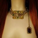 Victorian Sash Pin Buckle necklace Red jeweled fob costume jewelry OOAK green chrysoprase