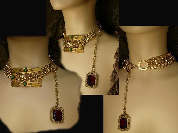 Victorian Sash Pin Buckle necklace Red jeweled fob costume jewelry OOAK green chrysoprase