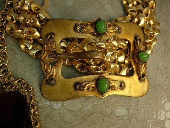 Victorian Sash Pin Buckle necklace Red jeweled fob costume jewelry OOAK green chrysoprase