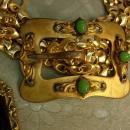 Victorian Sash Pin Buckle necklace Red jeweled fob costume jewelry OOAK green chrysoprase