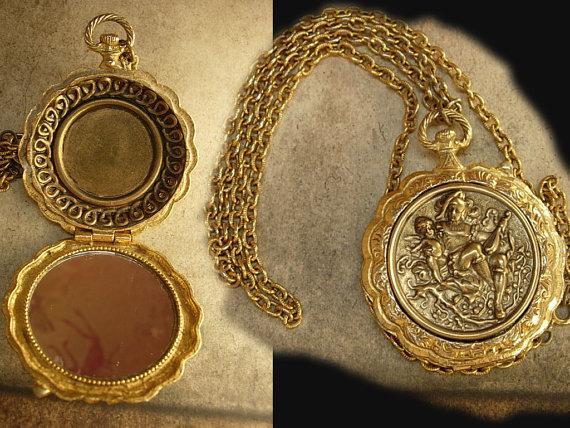 Mythical Jester and Cupid pocketwatch locket mirror necklace